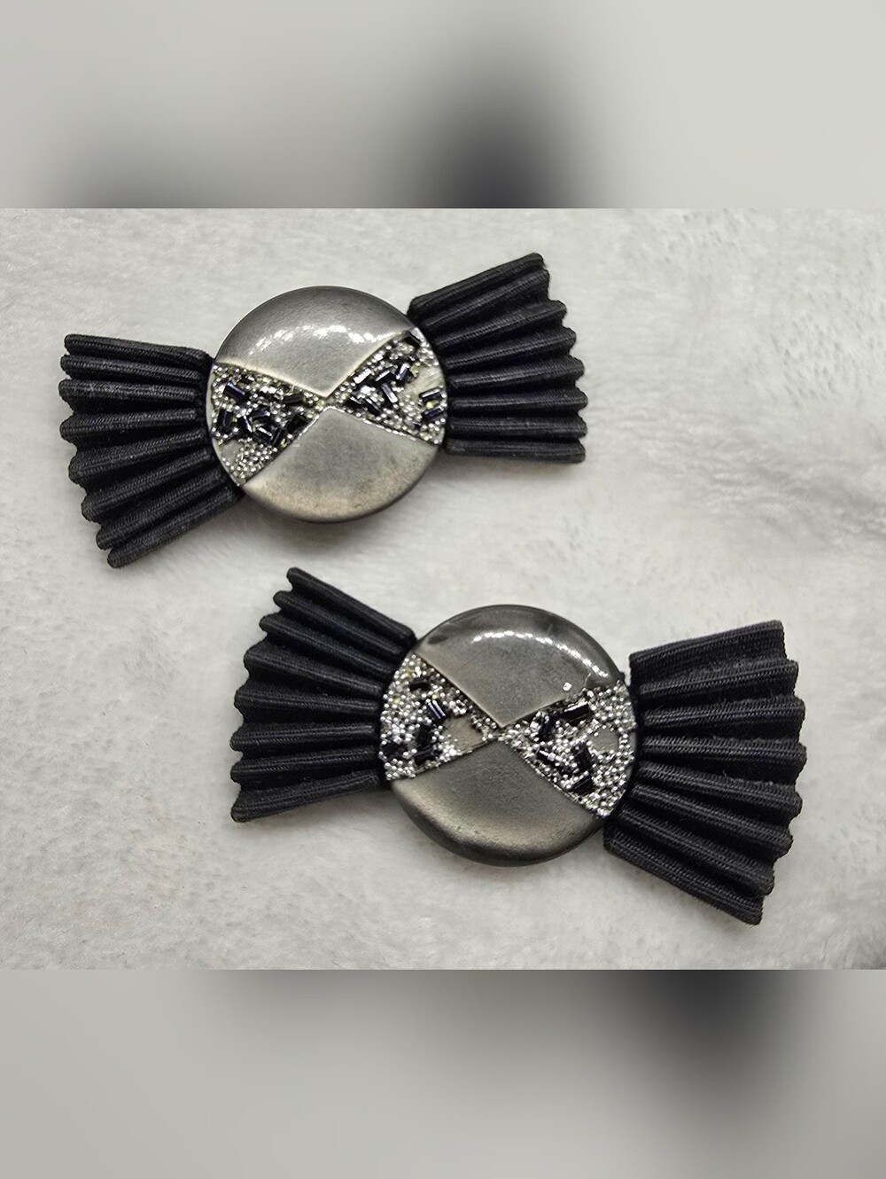 Vintage 50s Rhinestone Candy Bow Shoe Clips Mid Century Retro Black Pleated Pair
